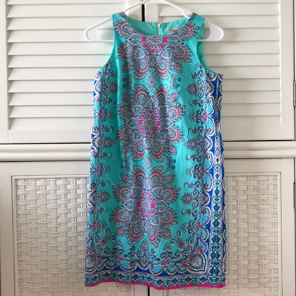 Maggy L 4P shift dress green blue pattern petites